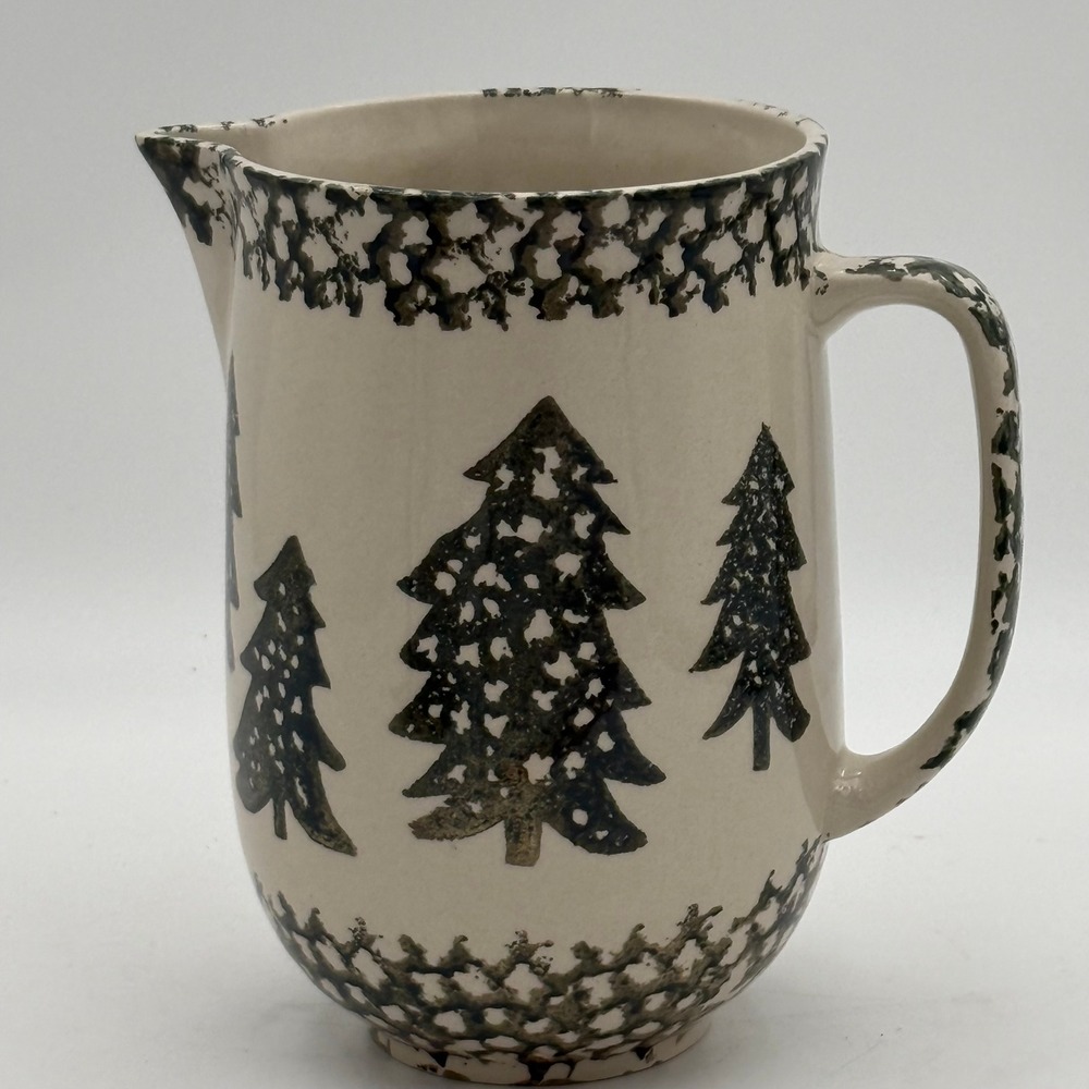 Tienshan Folk Craft Sponge Christmas Tree Ceramic Pitcher Cream Green 8 Inch